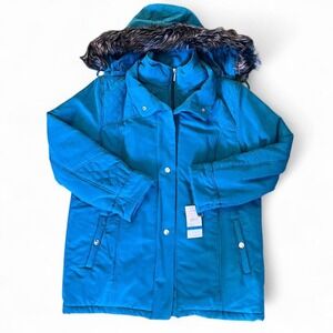 Studio Works teal quilted‎ hooded jacket coat parka removable fur trim size XL